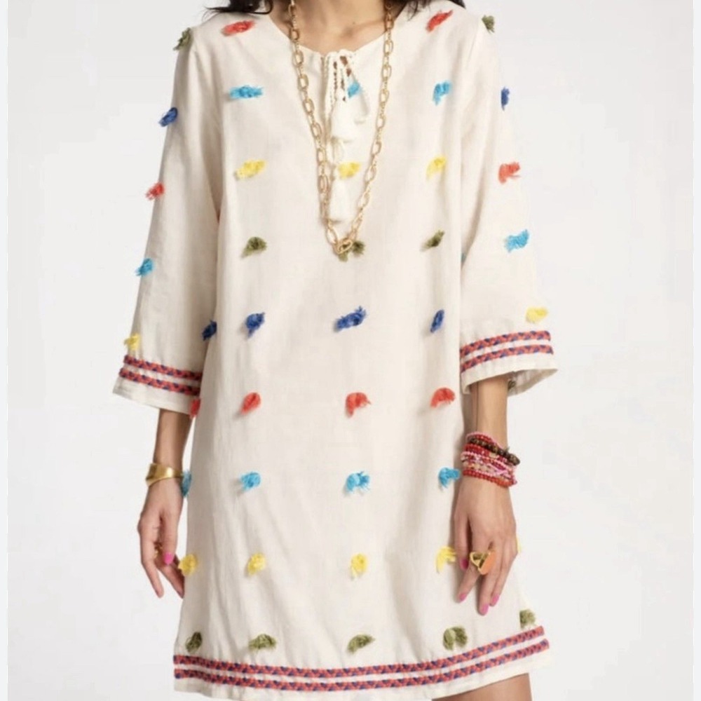 Frances Valentine Tunic Dress Women XS Cream Multi Tufted Pom Pom‎ Tassel Boho